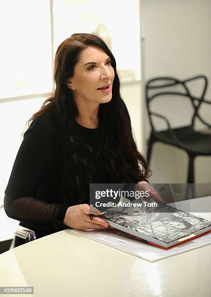 Artist Marina Abramovic attends Marina Abramovic and Pineda Covalin collaborative design benefit event at MOMA Design Store on November 25, 2014 in...