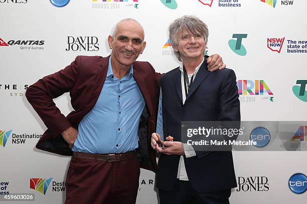 Paul Kelly and Neil Finn pose in the awards room with their ARIA for Best Adult Contemporary Album during the 28th Annual ARIA Awards 2014 at the...