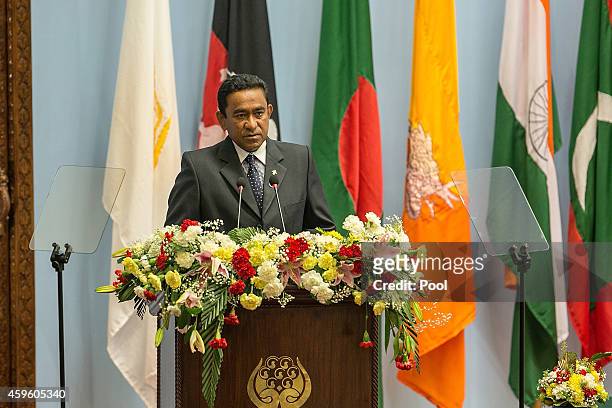 Abdulla Yameen, President of the Maldives, gives a speech during the inaugural session of the 18th SAARC Summit on November 26, 2014 in Kathmandu,...