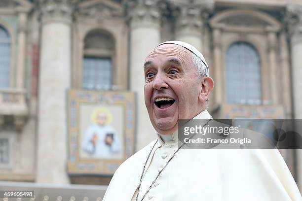 Pope Francis attends his weekly audience in St. Peter's Square on November 26, 2014 in Vatican City, Vatican. During today's General Audience Pope...