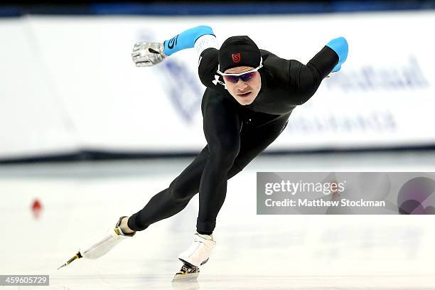 Tucker Fredricks competes in race two of the men's 500 meter during the U.S. Speed Skating Long Track Olympic Trials at the Utah Olympic Oval on...