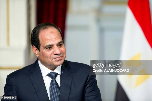 Egyptian President Abdel-Fattah al-Sisi, gives a joint statement with French President Francois Hollande at the Elysee Palace, on November 26 in...