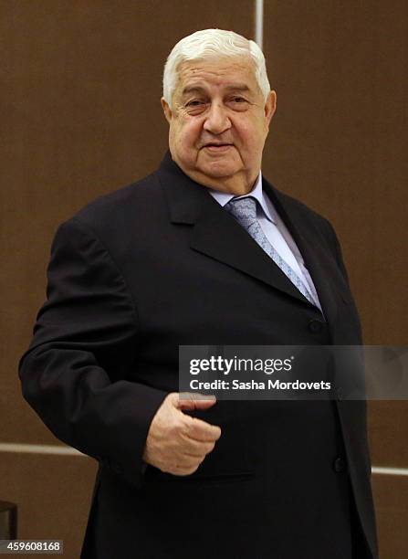 Syrian Foreign Minister Walid Muallem attends a meeting with Russian President Vladimir Putin in Bocharov Ruchey State Residence on November 26, 2014...