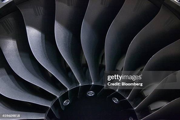 Br275 Engine Turbofan blades sit on a Rolls-Royce BR725 aircraft engine, used to ...