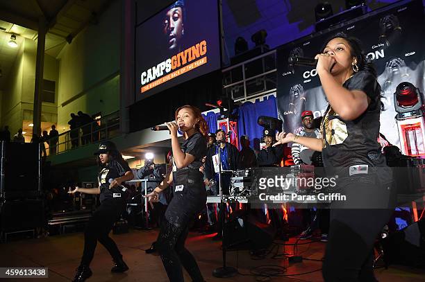 Breaunna Womack, Zonnique Pullins, and Bahja Rodriguez of the OMG Girlz perform onstage at K. Camp 1st Annual "Campsgiving" Charity Concert at Cobb...