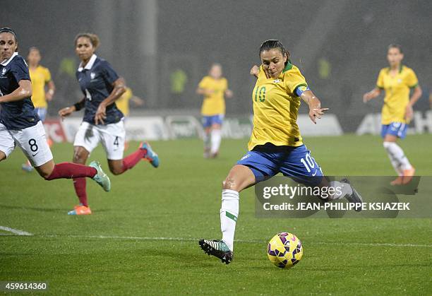 Brazilian Marta Vieira Da Silva kicks the ball during an international women friendly football match France vs Brazil on November 26 at the Gerland...