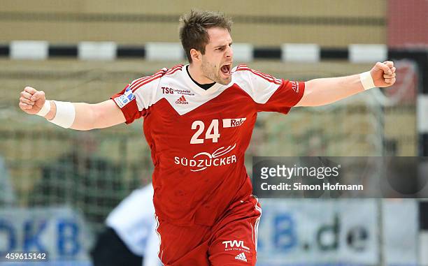Nico Buedel of Ludwigshafen celebrates a goal during the DKB Handball Bundesliga match between TSG Ludwigshafen-Friesenheim and Rhein-Neckar Loewen...