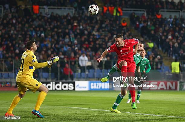 Rickie Lambert of Liverpool scores his sides opening goal during the UEFA Champions League Group B match between Ludogorets Razgrad and Liverpool at...