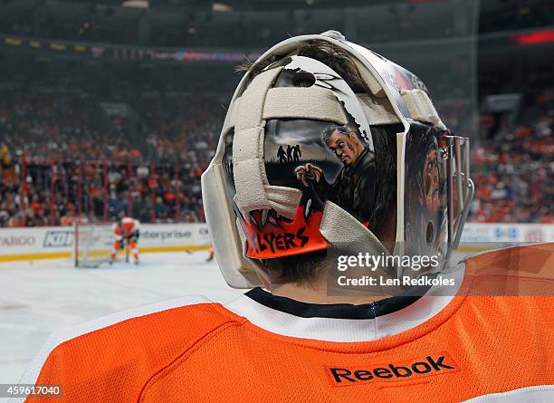 View of the goaltending mask of Steve Mason of the Philadelphia Flyers during warm-ups prior to his game against the Minnesota Wild on November 20,...