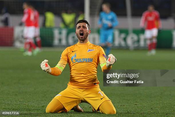 Zenit's goalkeeper Lodygin celebrates goal during the UEFA Champions League match between FC Zenit and SL Benfica at Stadion Petrovski on November...