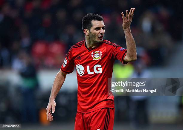 Emir Spahic of Bayer Leverkusen reacts during the UEFA Champions League group C match between Bayer 04 Leverkusen and AS Monaco FC at BayArena on...