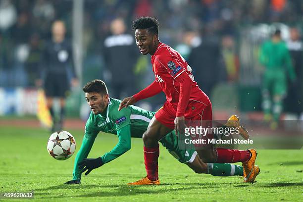 Raheem Sterling of Liverpool escapes the attentions of Junior Caicaara of Ludogorets during the UEFA Champions League Group B match between...