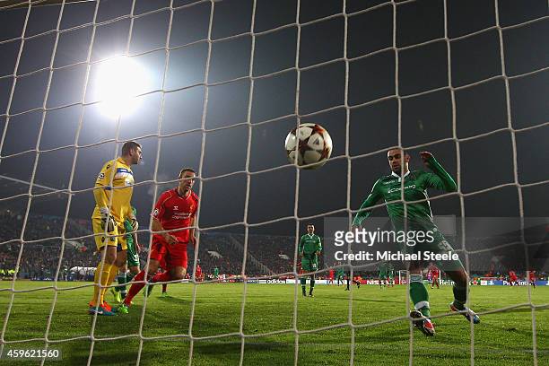 Rickie Lambert of Liverpool scores his sides opening goal during the UEFA Champions League Group B match between Ludogorets Razgrad and Liverpool at...
