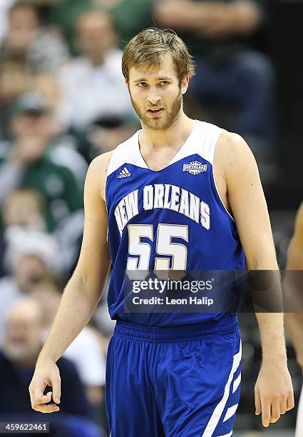 Matt Derenbecker of the New Orleans Privateers looks to the bench during the first half of the game against the Michigan State Spartans at Breslin...