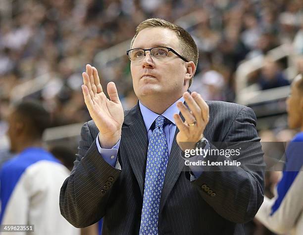 New Orleans Privateers head basketball coach Mark Slessinger reacts during the first half of the game against the Michigan State Spartans at the...