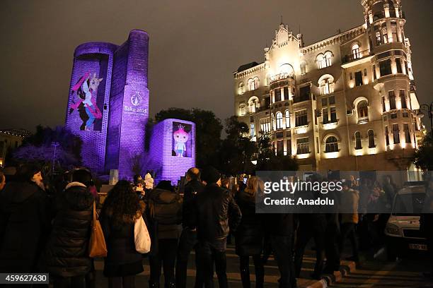 The logo and official symbols "Baku-2015" are shown on the Maiden Tower via laser effects on November 26,2014 before the first European games held in...