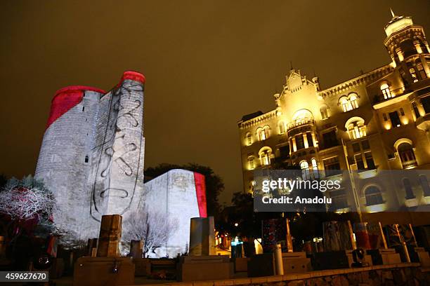 The logo and official symbols "Baku-2015" are shown on the Maiden Tower via laser effects on November 26,2014 before the first European games held in...