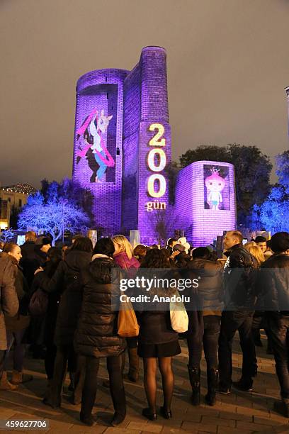 The logo and official symbols "Baku-2015" are shown on the Maiden Tower via laser effects on November 26,2014 before the first European games held in...