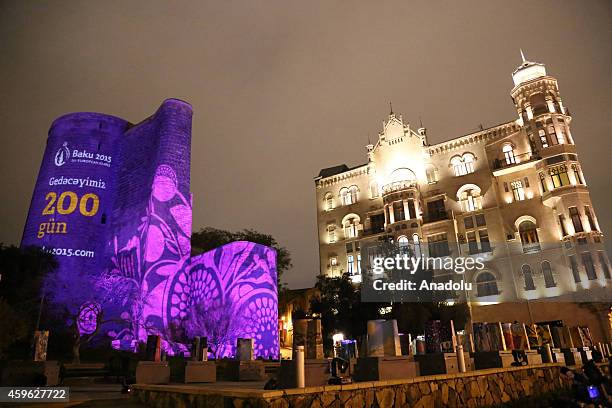 The logo and official symbols "Baku-2015" are shown on the Maiden Tower via laser effects on November 26,2014 before the first European games held in...