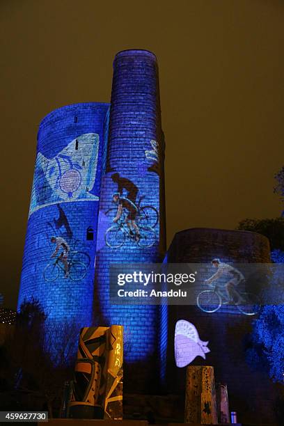 The logo and official symbols "Baku-2015" are shown on the Maiden Tower via laser effects on November 26,2014 before the first European games held in...