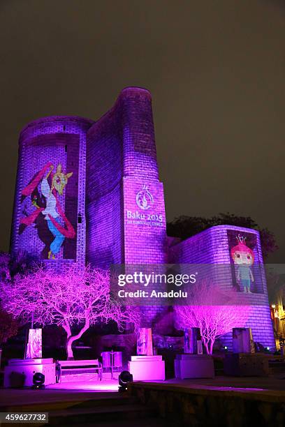 The logo and official symbols "Baku-2015" are shown on the Maiden Tower via laser effects on November 26,2014 before the first European games held in...