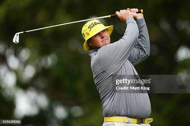 Jarrod Lyle of Australia plays his tee shot on the 4th hole during day one of the 2014 Australian Open at The Australian Golf Course on November 27,...