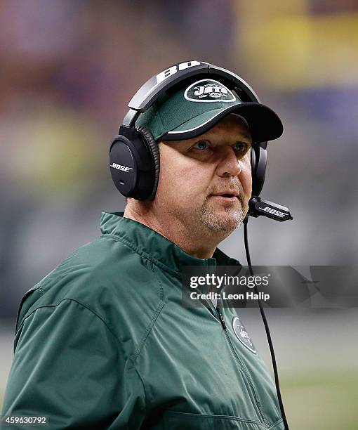 New York Jets offensive coordinator Marty Mornhinweg watches the action during the fourth quarter of the game against the Buffalo Bills at Ford Field...
