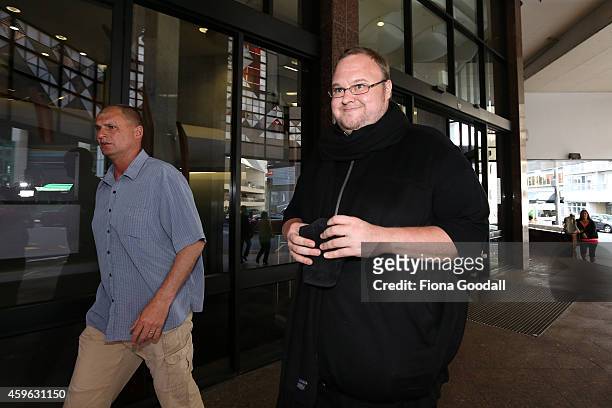 Internet Party Founder Kim Dotcom leaves Auckland District Court where he was appearing a bail hearing on November 27, 2014 in Auckland, New Zealand....