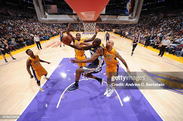 Quincy Pondexter of the Memphis Grizzlies goes up for a shot against the Los Angeles Lakers at STAPLES Center on November 26, 2014 in Los Angeles,...