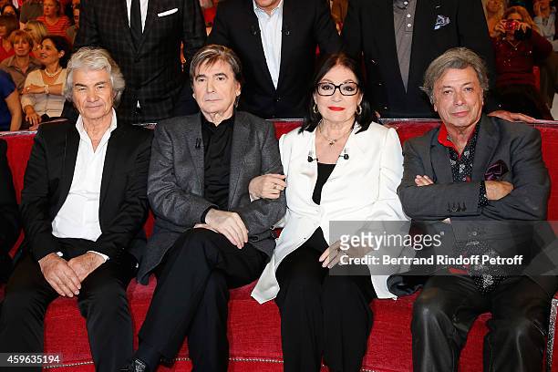 Daniel Guichard, Serge Lama, Nana Mouskouri and Herve Vilard attend the 'Vivement Dimanche' French TV Show at Pavillon Gabriel on November 26, 2014...