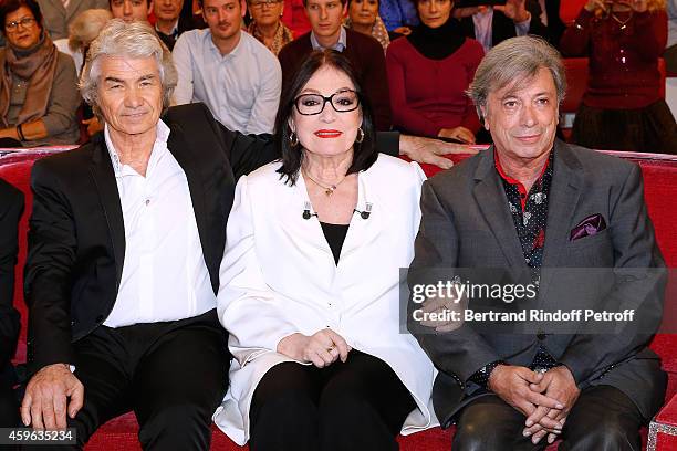 Daniel Guichard, Nana Mouskouri and Herve Vilard attend the 'Vivement Dimanche' French TV Show at Pavillon Gabriel on November 26, 2014 in Paris,...