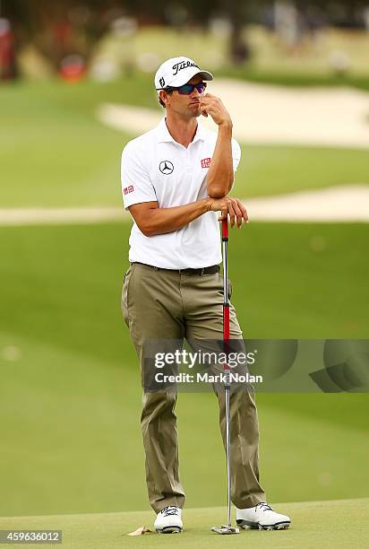 Adam Scott of Australia waits to putt on the 10th hole during day one of the 2014 Australian Open at The Australian Golf Course on November 27, 2014...