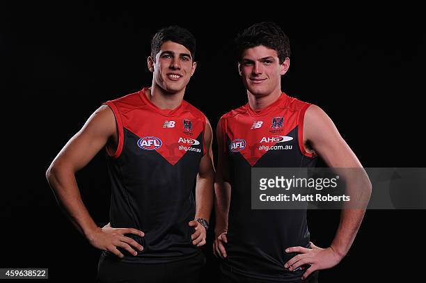 Christian Petracca and Angus Brayshaw pose for a photo after being drafted to Melbourne during the 2014 AFL Draft at the Gold Coast Convention Centre...