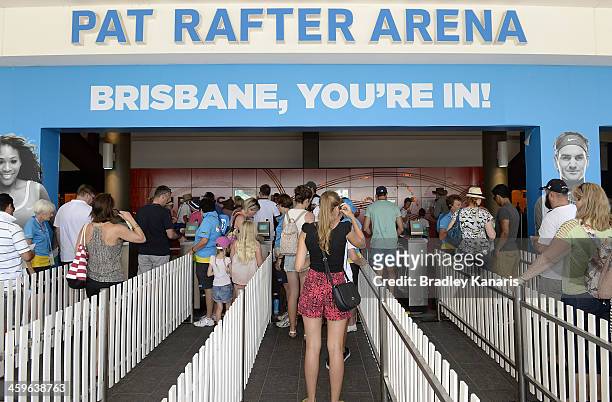 Fans arrive during day one of the 2014 Brisbane International at Queensland Tennis Centre on December 29, 2013 in Brisbane, Australia.