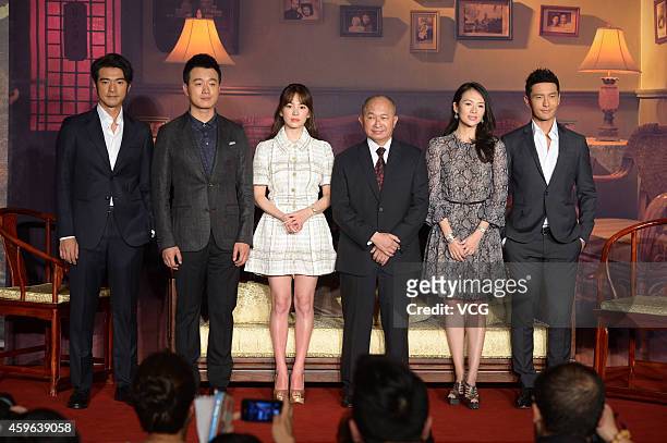 Actors Takeshi Kaneshiro, Tong Dawei, Song Hye Kyo, director John Woo, Actress Zhang Ziyi and actor Huang Xiaoming attend press conference for movie...