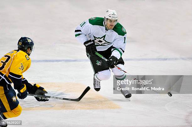 Dustin Jeffrey of the Dallas Stars skates with the puck during a NHL game against the Nashville Predators at Bridgestone Arena on December 12, 2013...