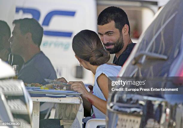 Hiba Abouk and Ruben Cortada are seen during set filming of 'El Principe' on October 30, 2014 in Madrid, Spain.