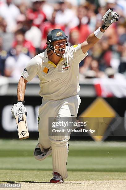 Shane Watson of Australia celebrates hitting the winning runs during day four of the Fourth Ashes Test Match between Australia and England at...