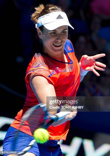 Anabel Medina Garrigues of Spain returns to Petra Kvitova of the Czech Republic during their third session women's singles match on day two of the...