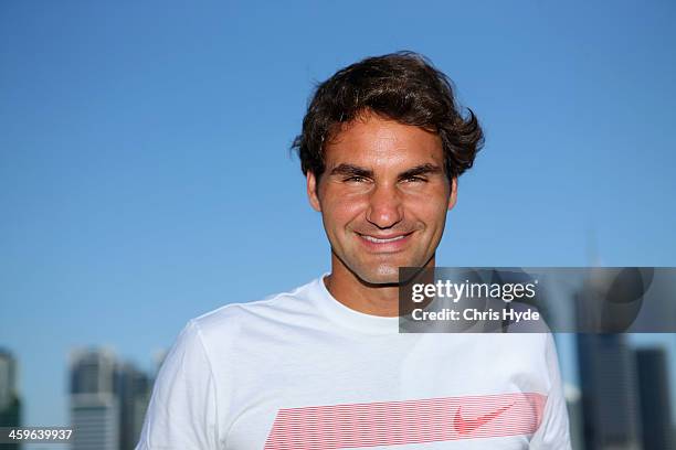 Roger Federer of Switzerland poses for a photograph at Kangaroo Point during day one of the 2014 Brisbane International at Queensland Tennis Centre...