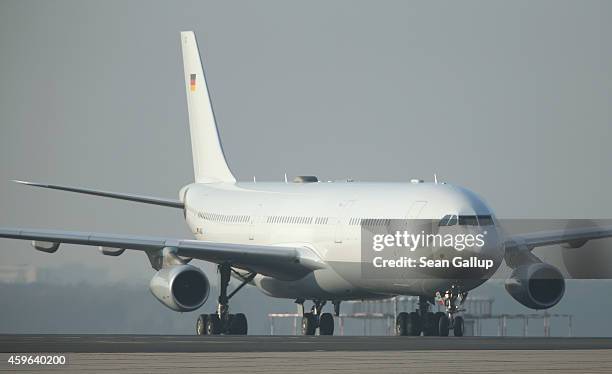 Retrofitted Lufthansa plane equipped with medical isolation facilities for Ebola cases arrives for a media presentation at Tegel airport on November...