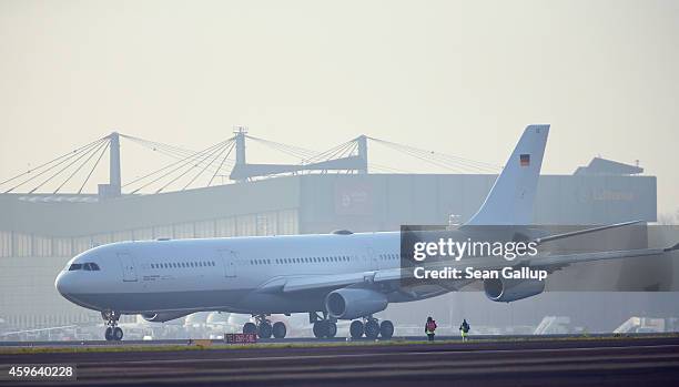 Retrofitted Lufthansa plane equipped with medical isolation facilities for Ebola cases arrives for a media presentation at Tegel airport on November...