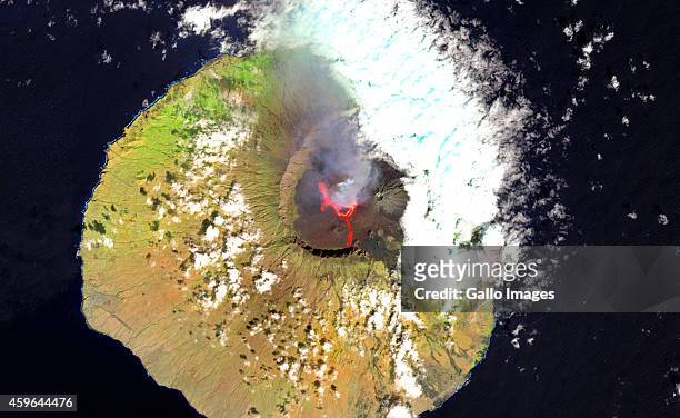 False-colour satellite view of Pico do Fogo volcano on November 24, 2014 in Fogo, Cape Verde. Pico do Fogo volcano erupted on 23 November 2014. This...