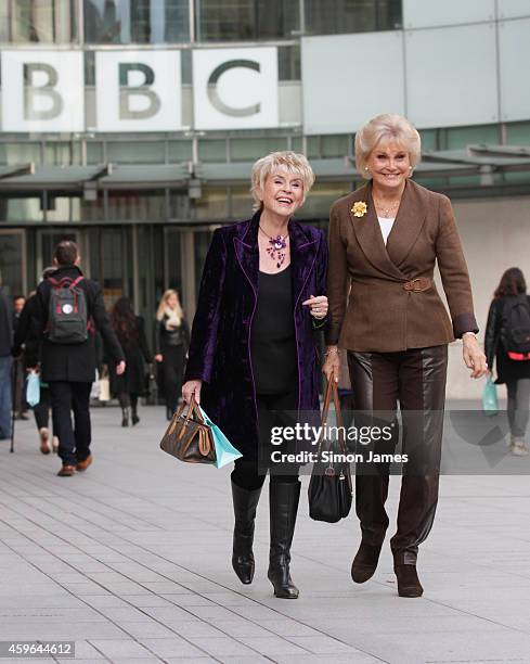 Gloria Hunniford and Angela Rippon sighting at the BBC on November 27, 2014 in London, England.