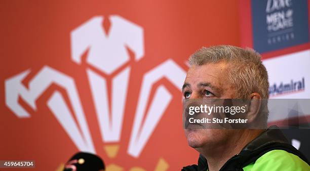 Wales coach Warren Gatland looks on during a Wales press conference at the Vale Hotel on November 27, 2014 in Cardiff, Wales.