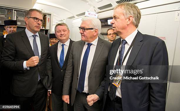 Lufthansa CEO Carsten Spohr , German Health Minister Hermann Groehe, German Foreign Minister Frank-Walter Steinmeier and head of Lufthansa Technik,...