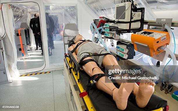 Mannequin lies inside an isolation room in the Medevac Airbus A340 Robert Koch on November 27, 2014 in Berlin, Germany. The aircraft has equipment...