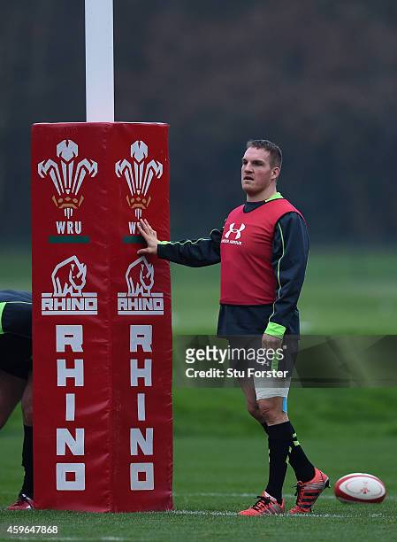 Recalled Wales player Gethin Jenkins looks on ahead of saturdays match against South Africa during Wales open training at the Vale Hotel on November...