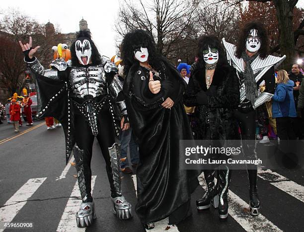 Gene Simmons, Paul Stanley, Eric Singer and Tommy Thayer of KISS attend 88th Annual Macy's Thanksgiving Day Parade on November 27, 2014 in New York...