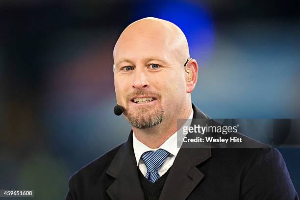 Trent Dilfer of ESPN's Monday Night Football reads his monitor before a game between the Pittsburgh Steelers and the Tennessee Titans at LP Field on...